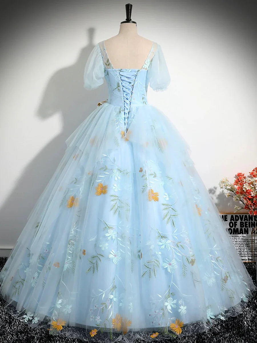 Blue Tulle Floor Length Prom Dress, Beautiful Short Sleeve Evening Party Dress TP216