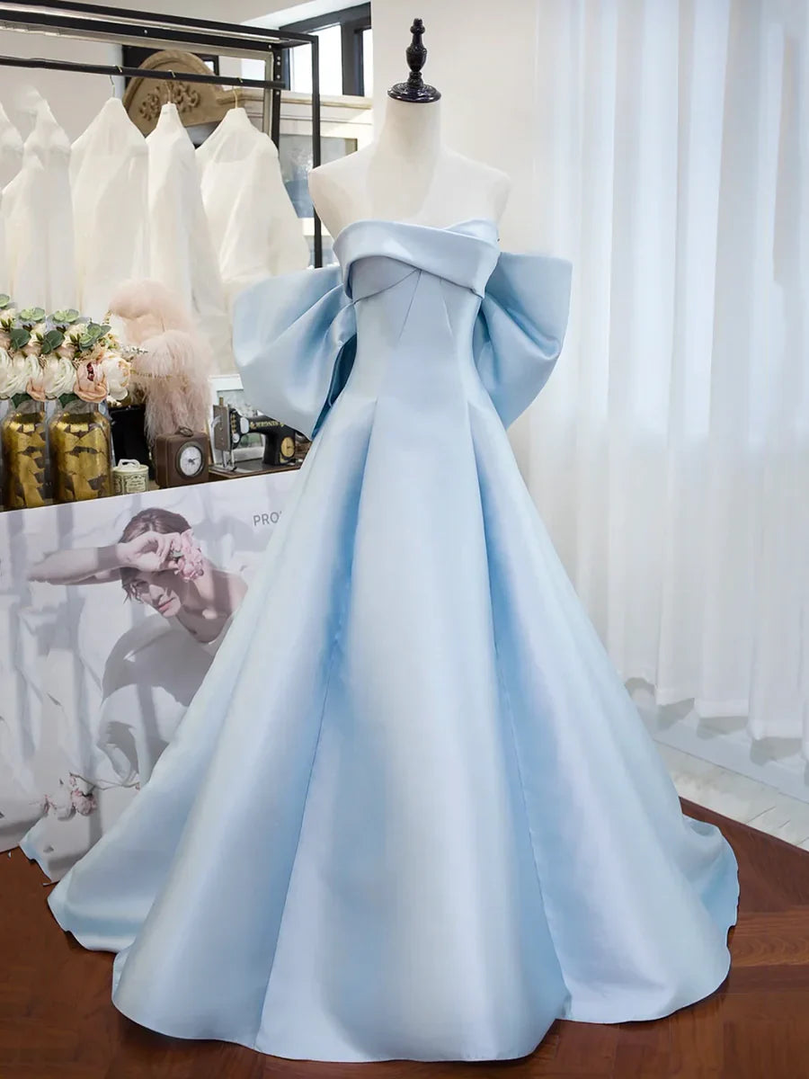 Vestido de fiesta largo de satén azul, corte A, hombros descubiertos, TP217