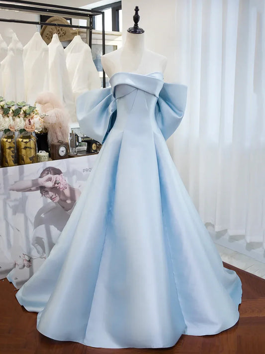 Blue Satin Long Prom Dress, A-Line Off the Shoulder Evening Party Dress TP217