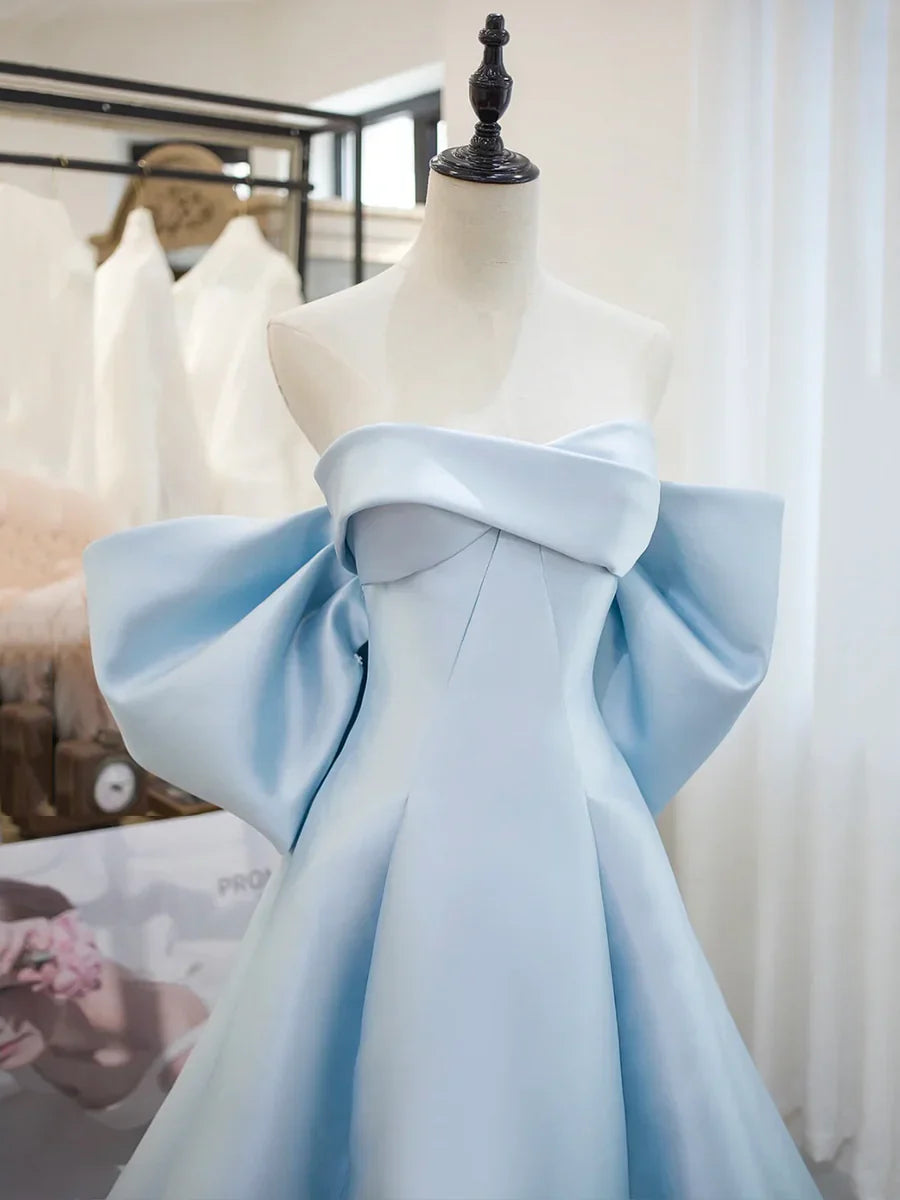 Vestido de fiesta largo de satén azul, corte A, hombros descubiertos, TP217