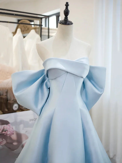 Vestido de fiesta largo de satén azul, corte A, hombros descubiertos, TP217