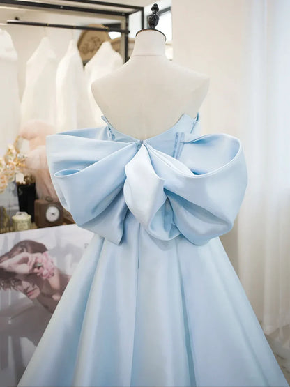 Vestido de fiesta largo de satén azul, corte A, hombros descubiertos, TP217
