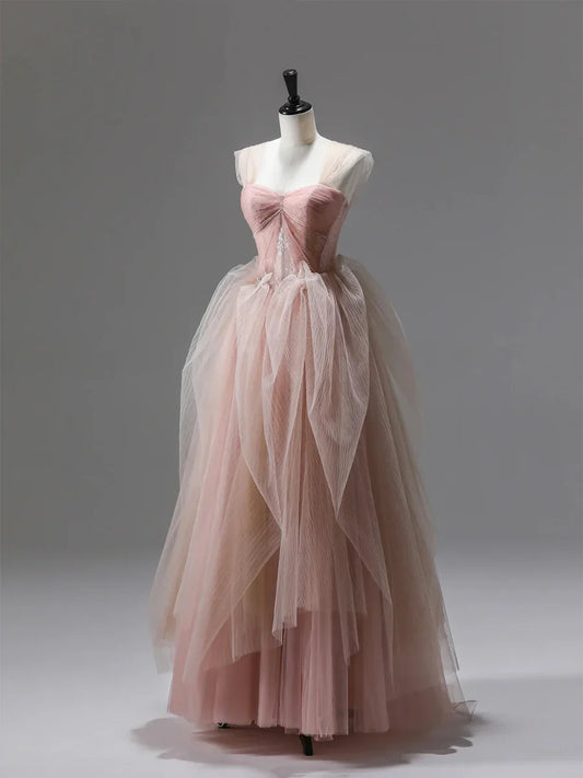 Vestido largo de fiesta con encaje de tul rosa, precioso vestido de fiesta de noche de corte A TP220
