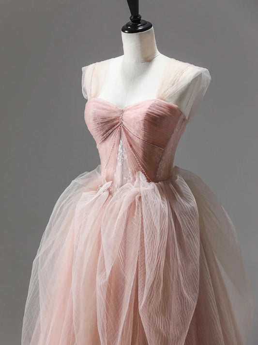 Vestido largo de fiesta con encaje de tul rosa, precioso vestido de fiesta de noche de corte A TP220