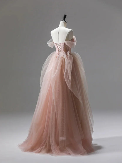 Vestido largo de fiesta con encaje de tul rosa, precioso vestido de fiesta de noche de corte A TP220