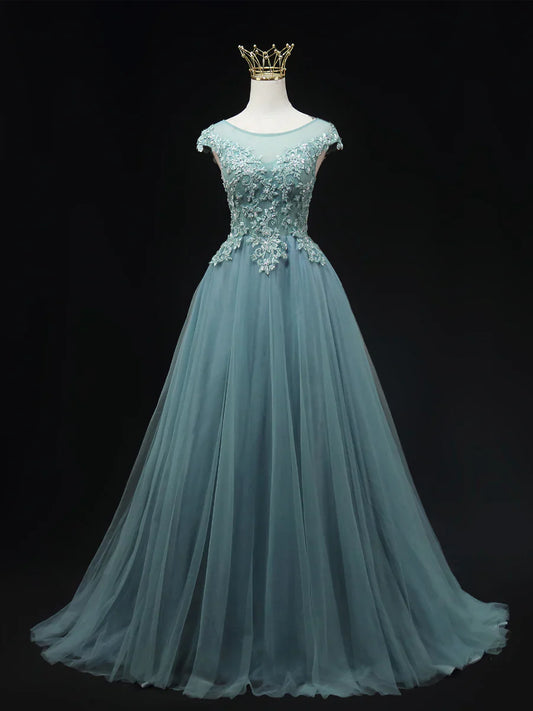 Blue Scoop Neckline Tulle Lace Long Prom Dress, Beautiful Lace Formal Evening Dress TP221