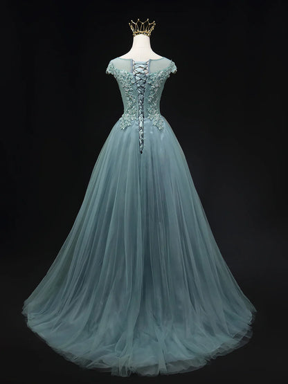 Blue Scoop Neckline Tulle Lace Long Prom Dress, Beautiful Lace Formal Evening Dress TP221