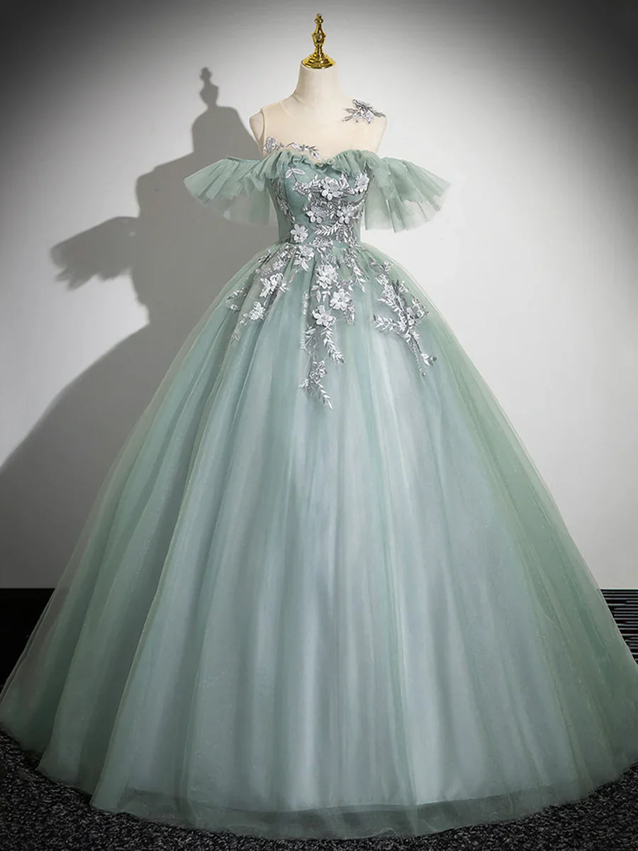 Cute Tulle Lace Long Prom Dress, A-Line Scoop Neckline Off Shoulder Evening Party Dress TP223