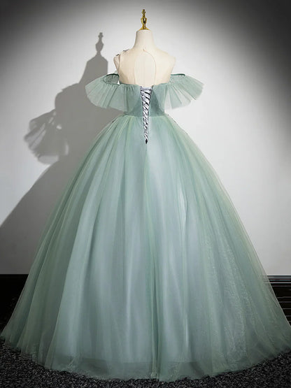 Cute Tulle Lace Long Prom Dress, A-Line Scoop Neckline Off Shoulder Evening Party Dress TP223