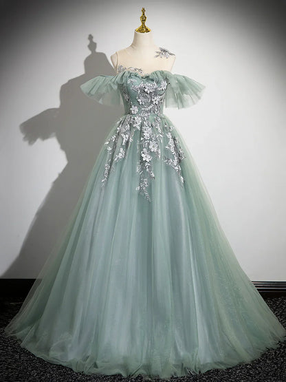 Cute Tulle Lace Long Prom Dress, A-Line Scoop Neckline Off Shoulder Evening Party Dress TP223