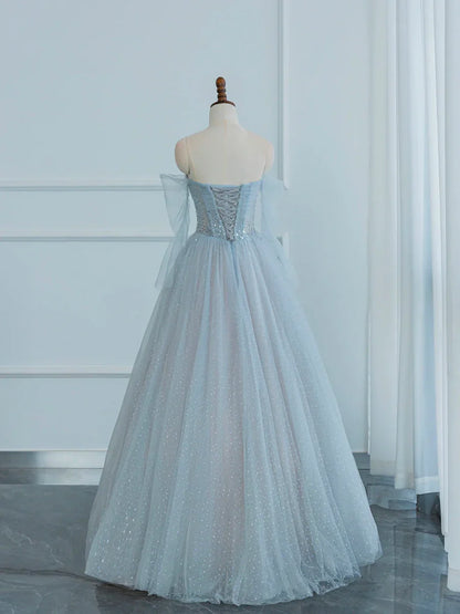 Dusty Blue Tulle Sequins Long Prom Dress, Off the Shoulder Long Sleeve Evening Party Dress TP225