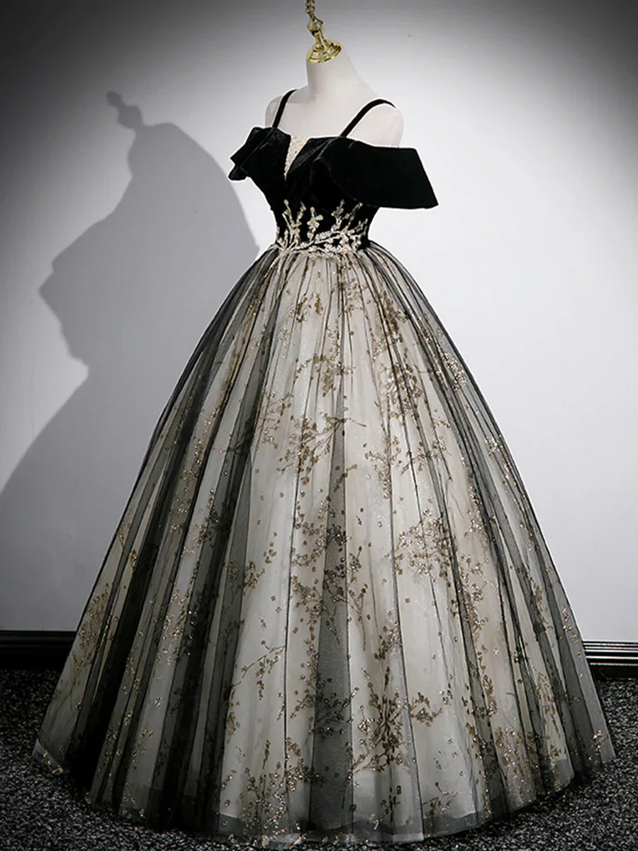 Vestido de fiesta de terciopelo negro con tul y lentejuelas, largo hasta el suelo, con hombros descubiertos, TP227