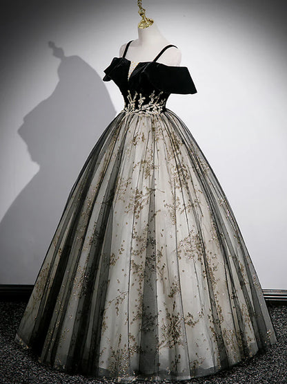Vestido de fiesta de terciopelo negro con tul y lentejuelas, largo hasta el suelo, con hombros descubiertos, TP227