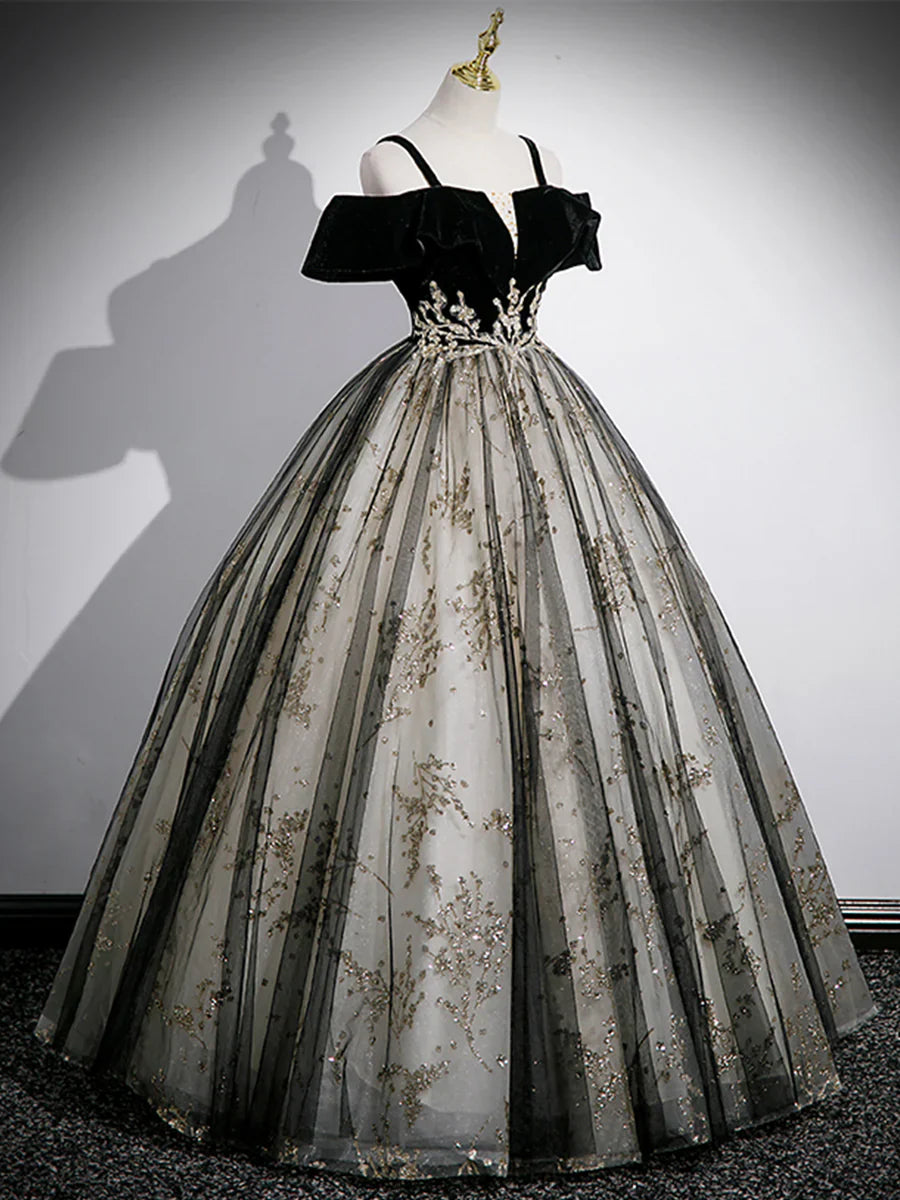 Vestido de fiesta de terciopelo negro con tul y lentejuelas, largo hasta el suelo, con hombros descubiertos, TP227