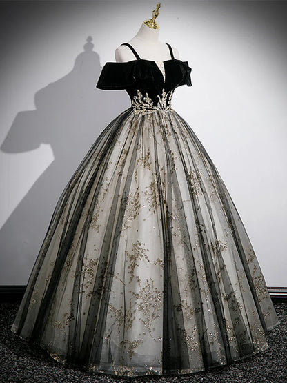 Vestido de fiesta de terciopelo negro con tul y lentejuelas, largo hasta el suelo, con hombros descubiertos, TP227