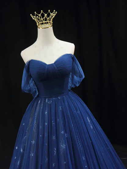Hermoso vestido de fiesta de tul azul hasta el suelo, corte A, corte princesa, hombros descubiertos, TP228