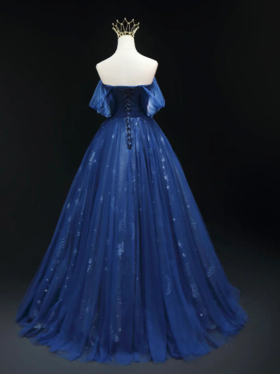 Hermoso vestido de fiesta de tul azul hasta el suelo, corte A, corte princesa, hombros descubiertos, TP228