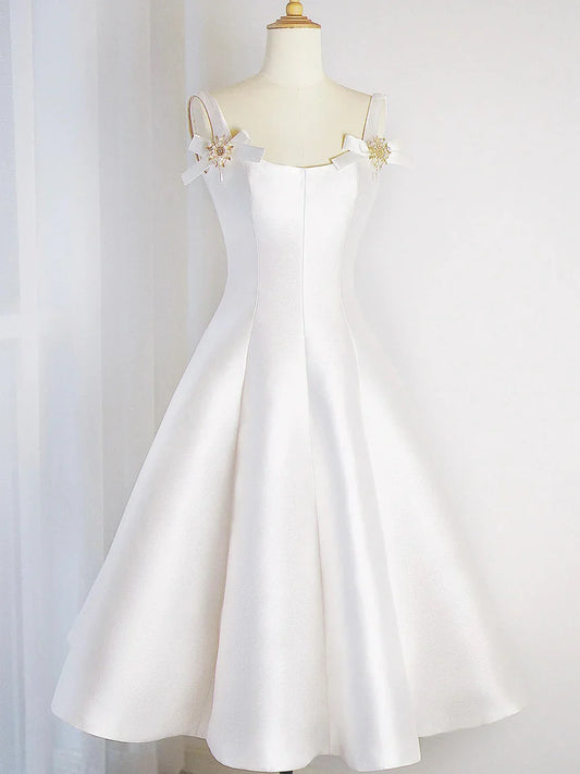 Vestido de fiesta corto de satén blanco, sencillo, corte A, TP229
