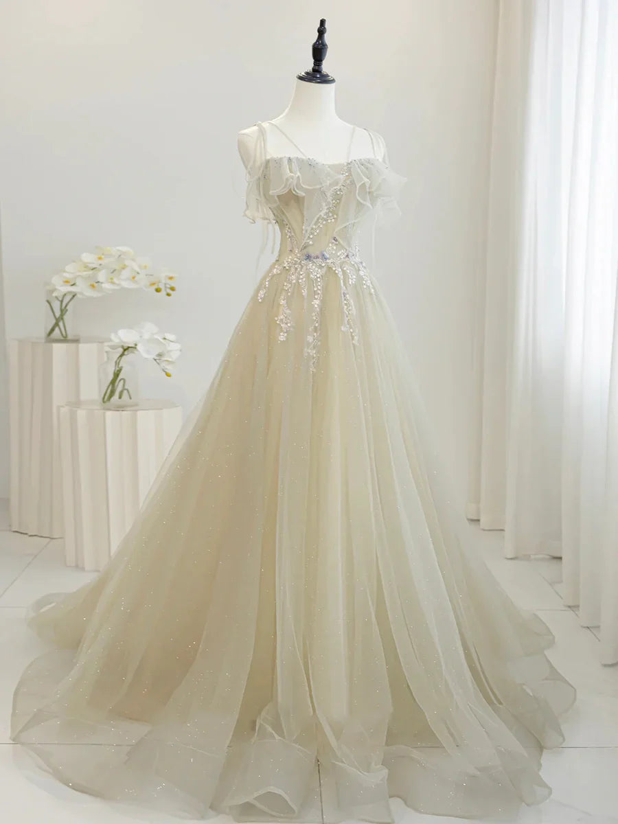 Hermoso vestido de fiesta de tul con lentejuelas y largo hasta el suelo, con tirantes finos, TP230