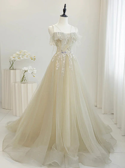 Hermoso vestido de fiesta de tul con lentejuelas y largo hasta el suelo, con tirantes finos, TP230