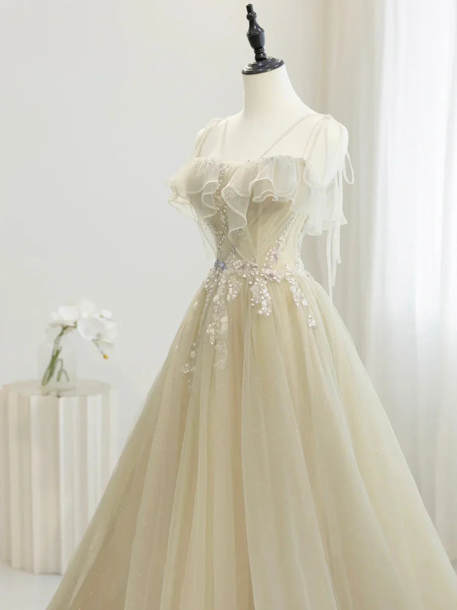 Hermoso vestido de fiesta de tul con lentejuelas y largo hasta el suelo, con tirantes finos, TP230