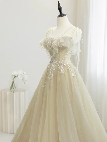 Hermoso vestido de fiesta de tul con lentejuelas y largo hasta el suelo, con tirantes finos, TP230