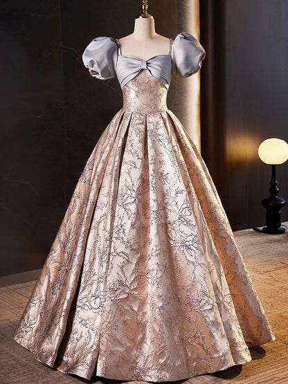 Stylish Floor-Length Printing Prom Dresses, A-Line Short Sleeve Backless Evening Formal Dresses TP236