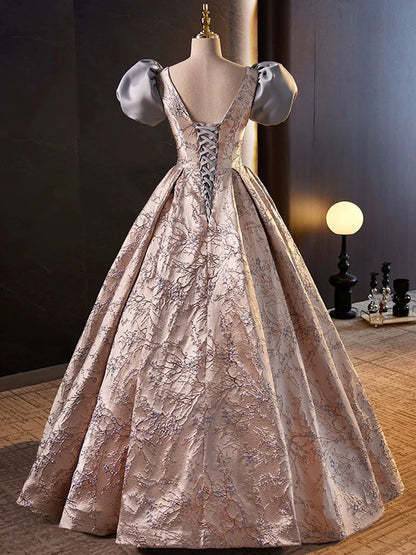 Stylish Floor-Length Printing Prom Dresses, A-Line Short Sleeve Backless Evening Formal Dresses TP236
