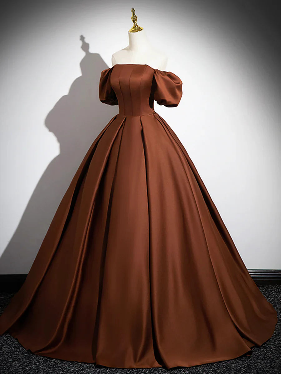 Brown Satin Floor Length Prom Dress , Off the Shoulder A-Line Evening Dress TP237