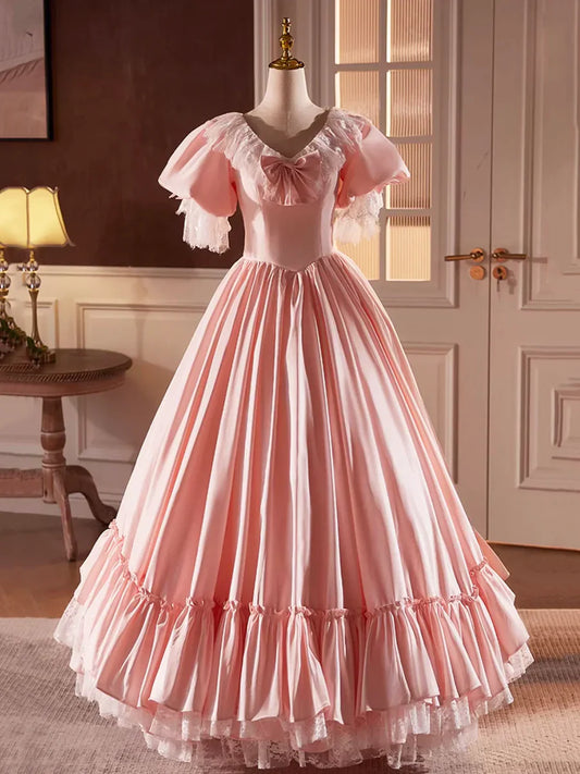 Vestido de fiesta largo de satén rosa con encaje, precioso vestido de noche con escote en V y corte A TP239