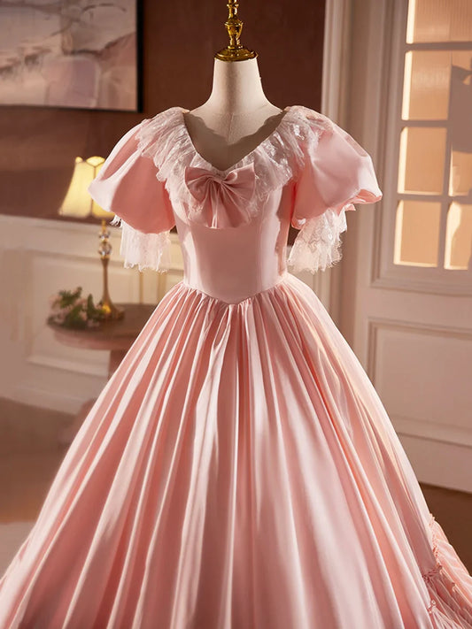 Vestido de fiesta largo de satén rosa con encaje, precioso vestido de noche con escote en V y corte A TP239