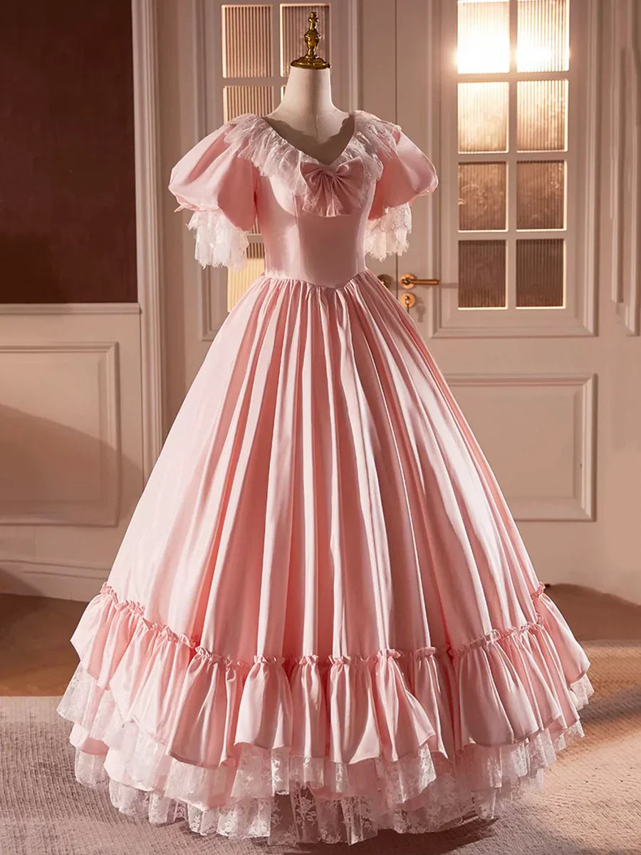 Vestido de fiesta largo de satén rosa con encaje, precioso vestido de noche con escote en V y corte A TP239