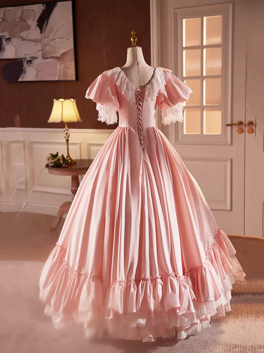 Vestido de fiesta largo de satén rosa con encaje, precioso vestido de noche con escote en V y corte A TP239