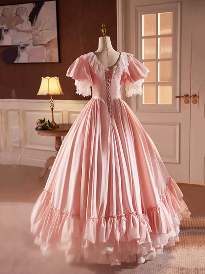 Vestido de fiesta largo de satén rosa con encaje, precioso vestido de noche con escote en V y corte A TP239