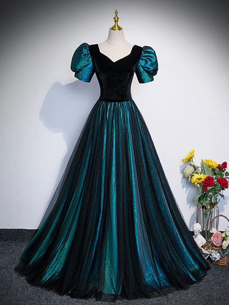 Vestido de fiesta largo único de terciopelo negro y tul, corte A, manga corta, TP240