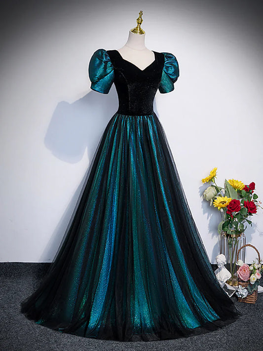 Vestido de fiesta largo único de terciopelo negro y tul, corte A, manga corta, TP240