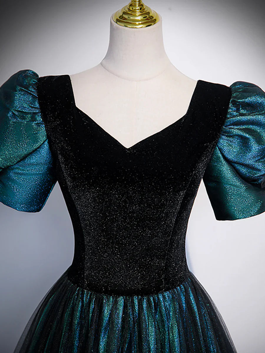 Vestido de fiesta largo único de terciopelo negro y tul, corte A, manga corta, TP240