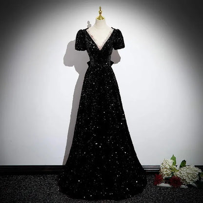 Burgundy V-Neck Sequins Long Prom Dress, A-Line Evening Party Dress with Bow TP244