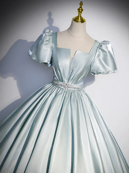 Beautiful Satin Floor Length Prom Dress, A-Line Short Sleeve Evening Party Dress TP246