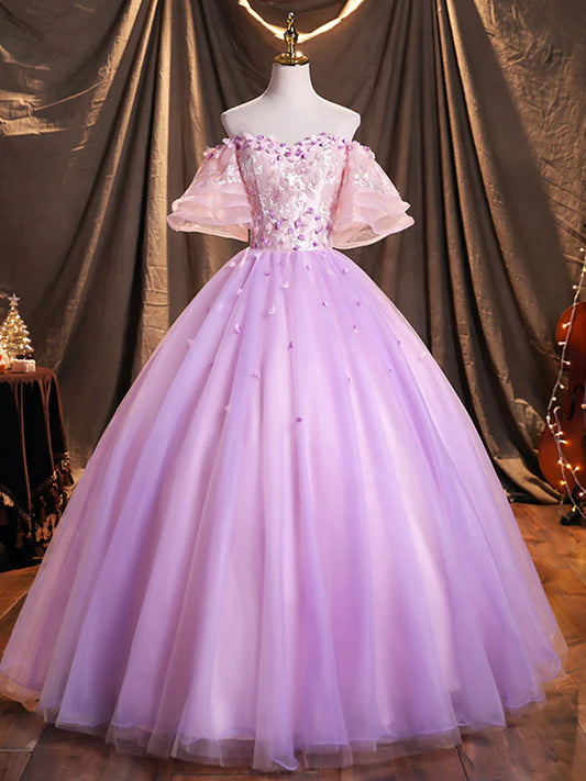Vestido de fiesta largo de tul morado con lentejuelas, corte A y hombros descubiertos, TP247