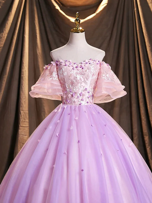 Vestido de fiesta largo de tul morado con lentejuelas, corte A y hombros descubiertos, TP247