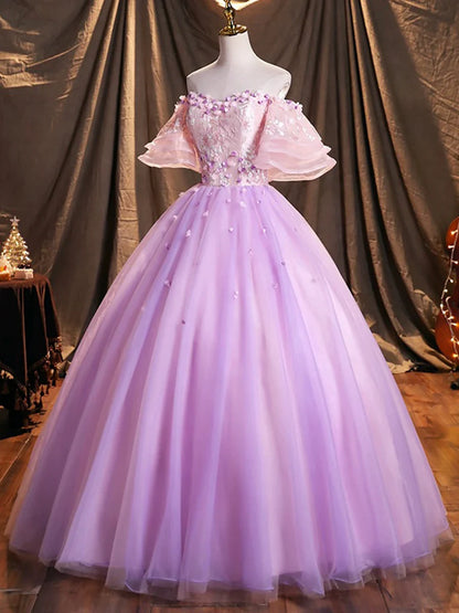 Purple Tulle Sequins Long Prom Dress, A-Line Off the Shoulder Evening Party Dress TP247