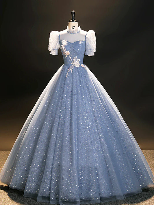 Blue Tulle Long A-Line Prom Dress, Beautiful Short Sleeve Evening Party Dress  TP249