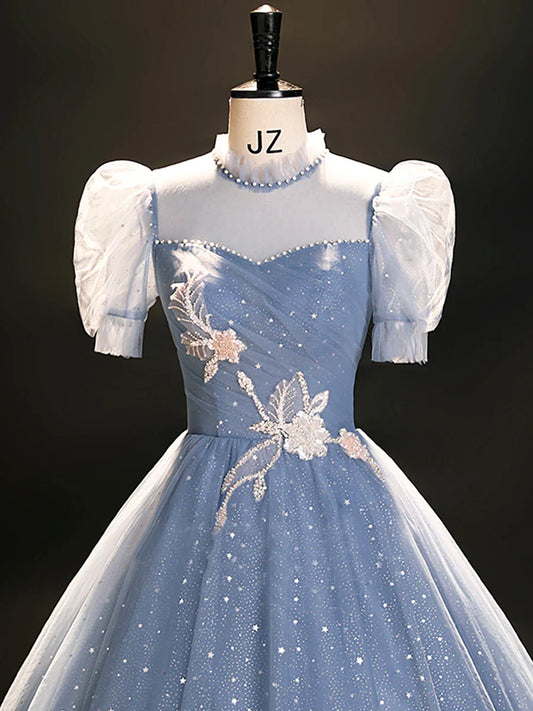 Blue Tulle Long A-Line Prom Dress, Beautiful Short Sleeve Evening Party Dress  TP249
