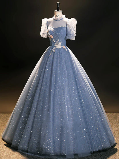 Blue Tulle Long A-Line Prom Dress, Beautiful Short Sleeve Evening Party Dress  TP249