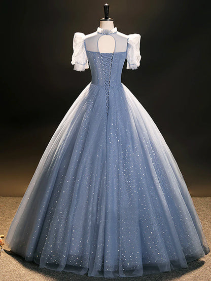 Blue Tulle Long A-Line Prom Dress, Beautiful Short Sleeve Evening Party Dress  TP249