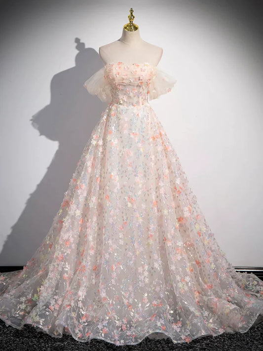 Precioso vestido de fiesta largo hasta el suelo con estampado floral tridimensional y hombros descubiertos TP250