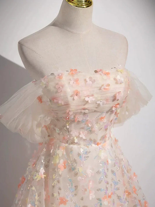 Precioso vestido de fiesta largo hasta el suelo con estampado floral tridimensional y hombros descubiertos TP250