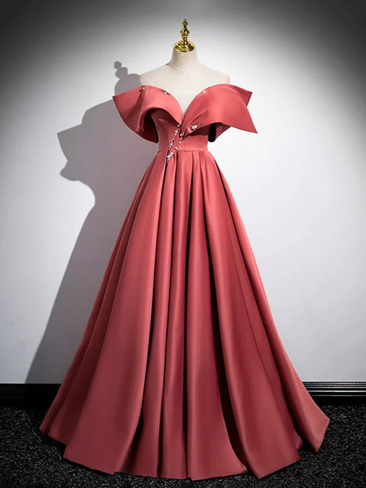 Hermoso vestido de fiesta largo de satén con hombros descubiertos, corte A, con perlas, largo hasta el suelo, TP251