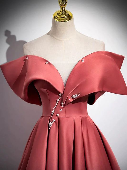 Hermoso vestido de fiesta largo de satén con hombros descubiertos, corte A, con perlas, largo hasta el suelo, TP251
